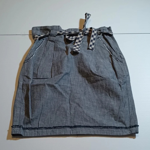 Tiny Blue Denim Look Cotton Mini A Line Skirt With Gingham Bow Belt A22 - Picture 1 of 6